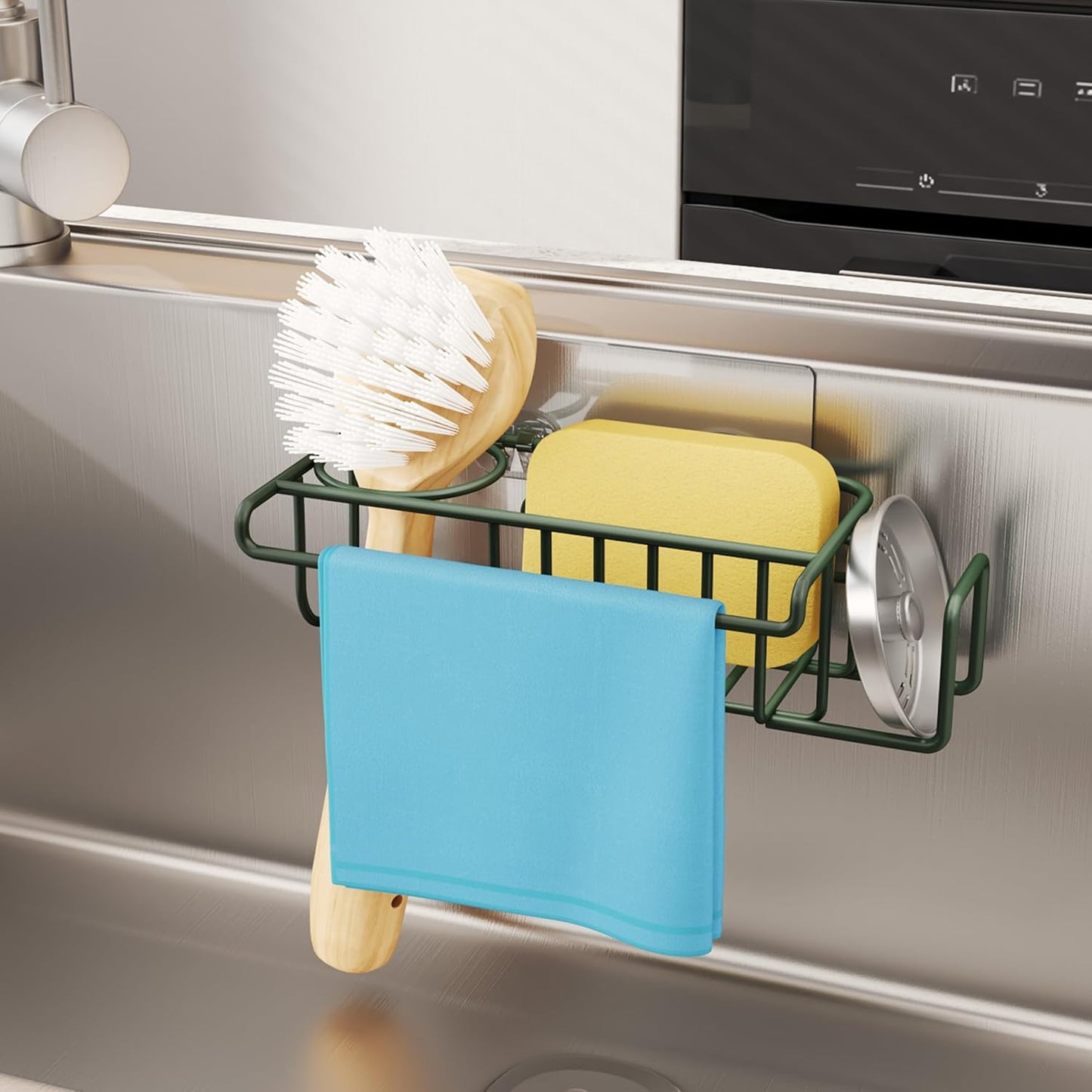 HapiRm 4 in 1 Sink Caddy Sponge Holder, SUS304 Stainless Steel Kitchen Brush Holder and Dish Cloth Hanger, Kitchen Organizers and Storage Essentials - Silver