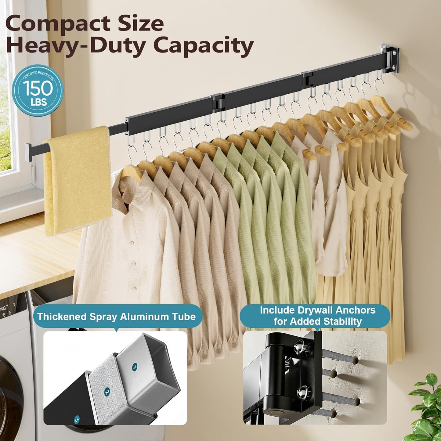 JAUREE Clothes Drying Rack Wall Mounted, Space-Saving Drying Rack Clothing, Collapsible Foldable Retractable Laundry Rack with 18 Hooks, Indoor/Outdoor, White