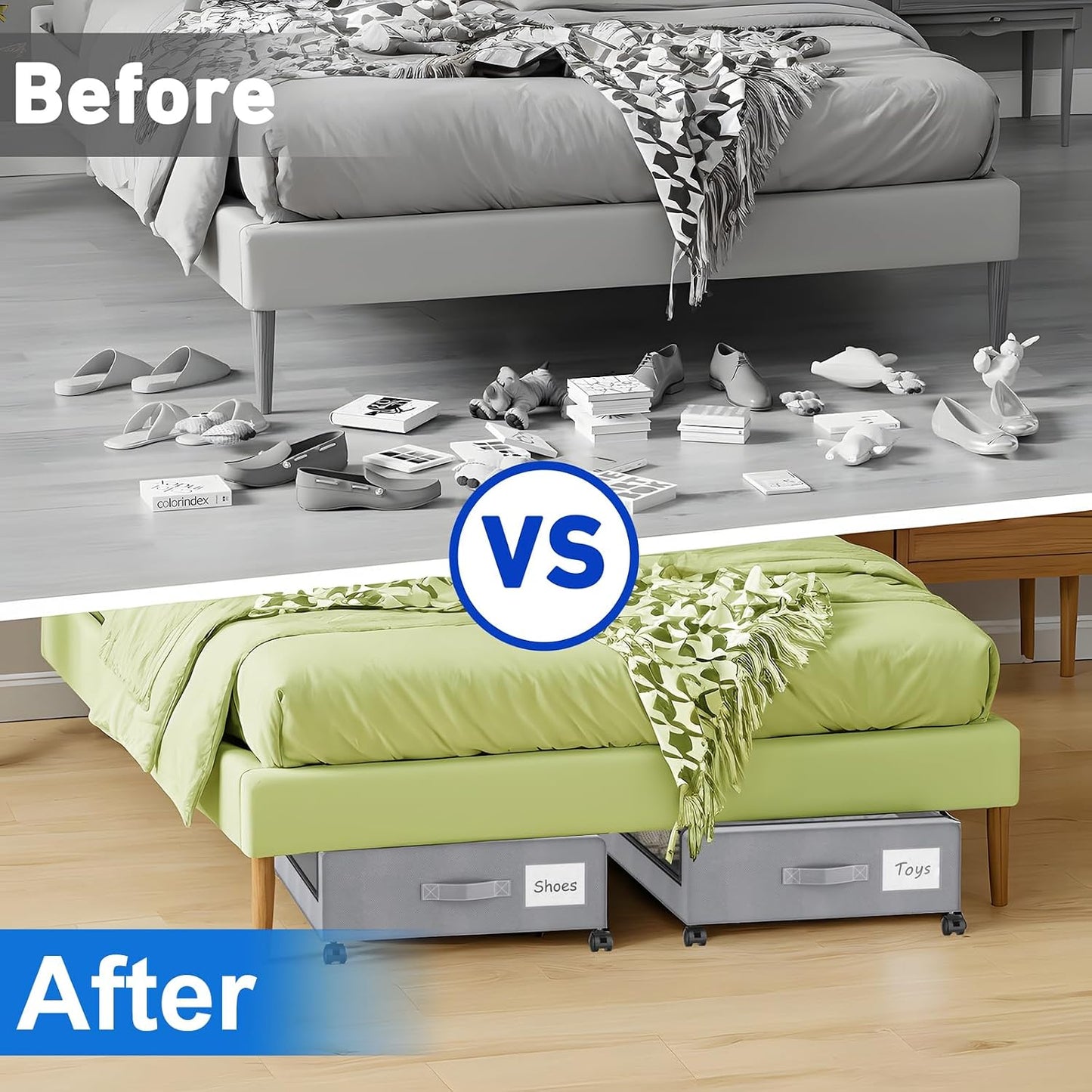 Beborxue Under Bed Storage with Wheels, 4-Pack Under Bed Storage Containers with Clear Lids, XXL 60L Under Bed Shoe Storage Organizer, Rolling Underbed Storage for Clothes, Shoes, Blankets (Beige)