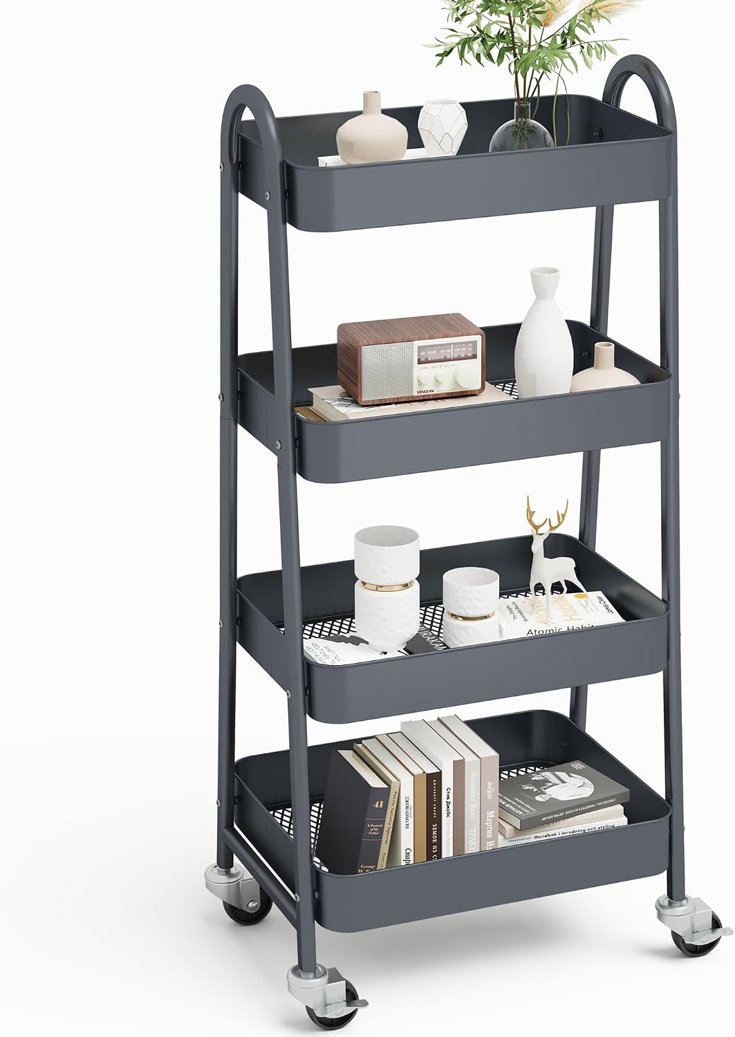 NEWBULIG 3-Tier Rolling Storage Cart, Metal Mobile Utility Organizer Shelf with Lockable Wheels, Space-Saving Freestanding Storage for Bathroom Living Room and Narrow Corner Spaces, Green