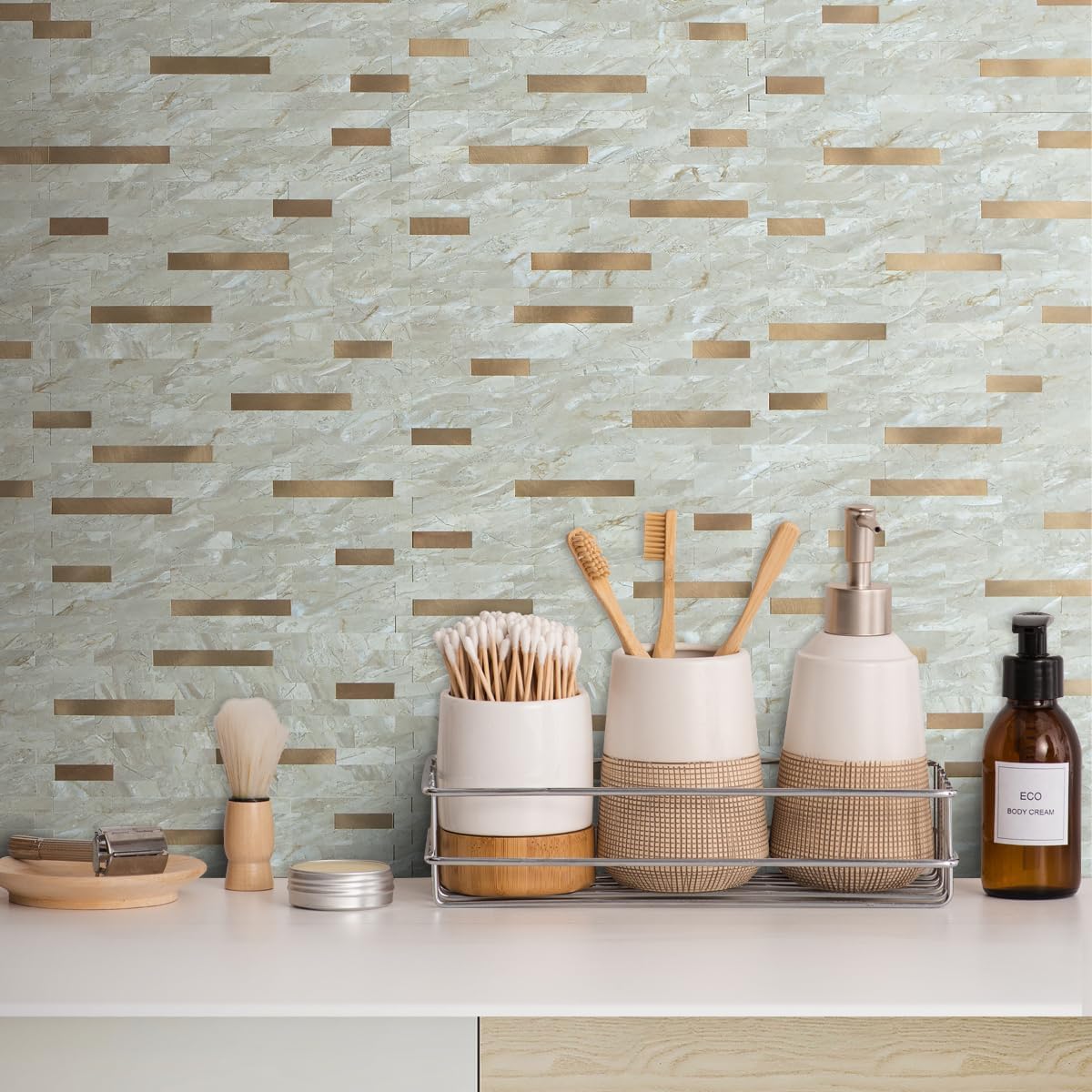 AULIGET 20 Sheets Peel and Stick Backsplash, Black & Grey Wood Look PVC Mixed Metal Stick on Backsplash Tiles for Kitchen