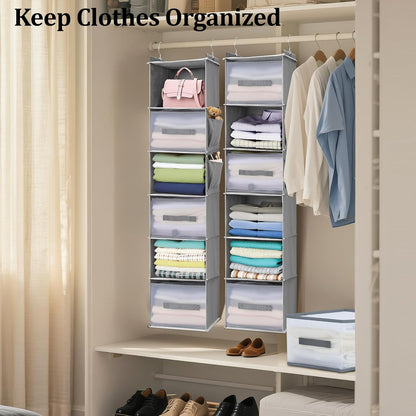 6-Shelf Hanging Closet Organizer with 3 Drawers & Side Pockets, Gray | Non-woven fabric, tool-free setup, ideal for bedrooms/dorms/RVs, 3 foldable transparent drawers for easy access