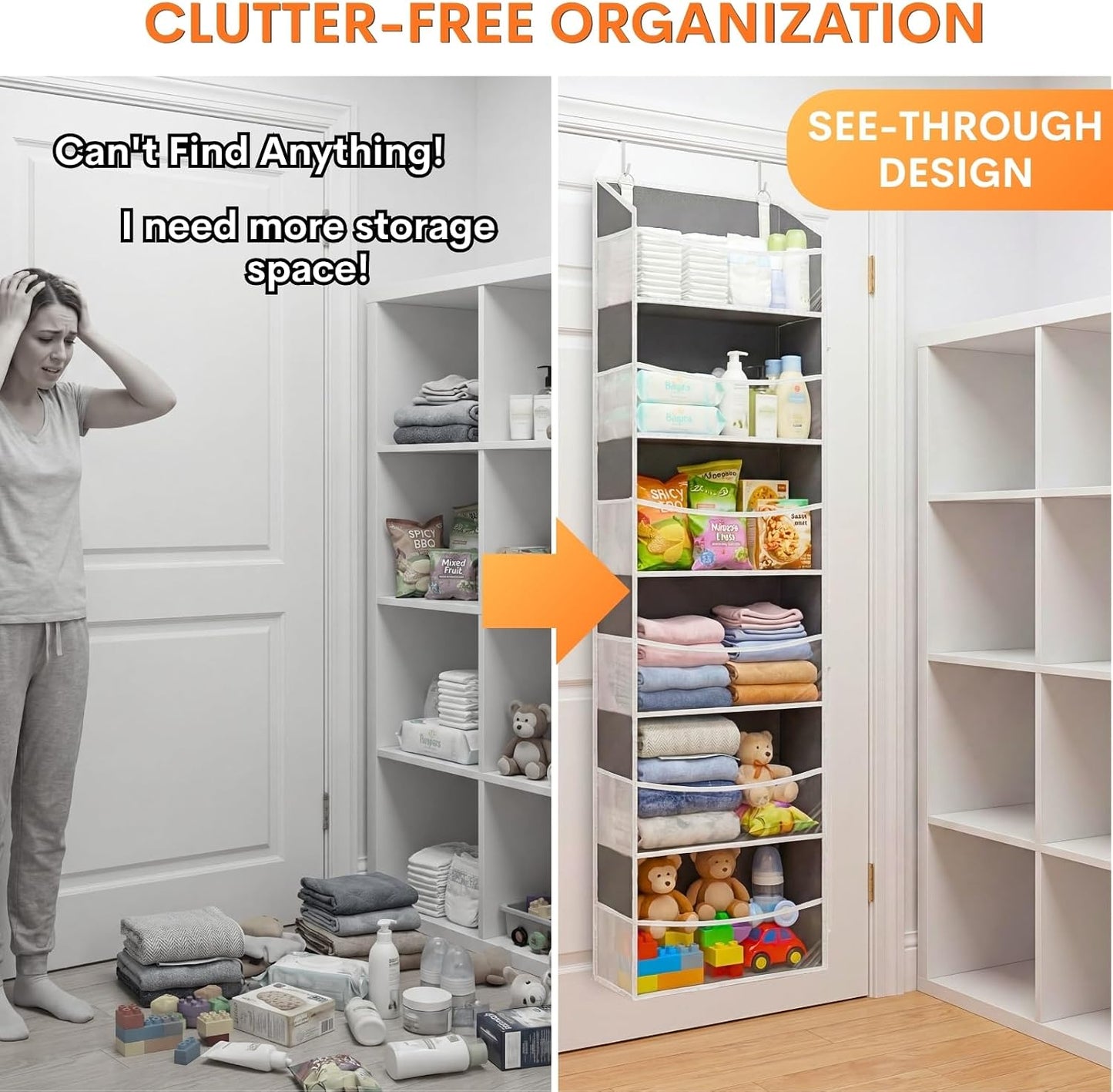 Over The Door Organizer, 5-Tier Extra Large Behind Door Storage with 10 Big Front & 10 Mesh Pockets, 80lb Capacity, Hanging Storage Organizer with Clear Window Kids Toys, Shoes, Diapers, Light Grey