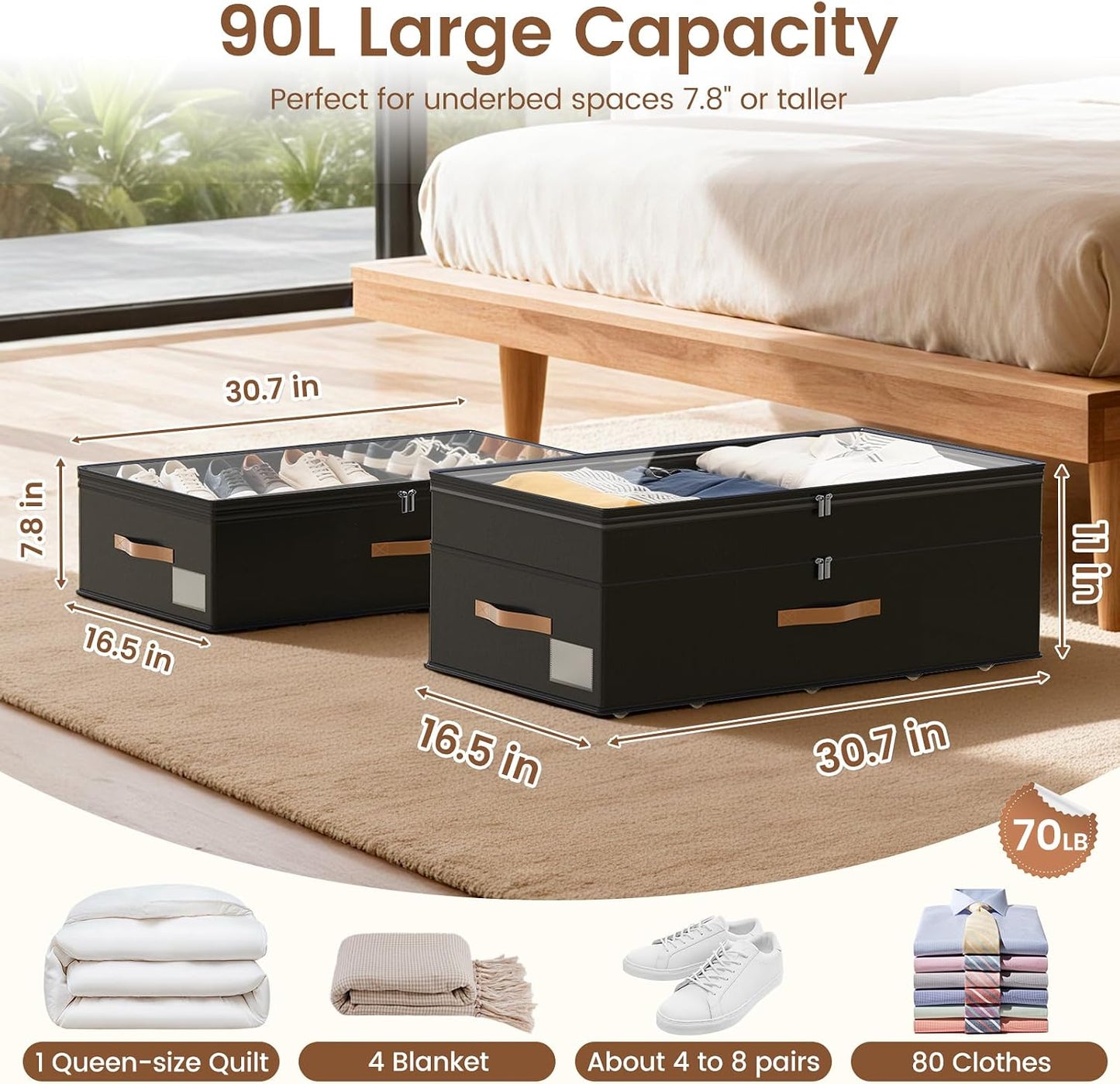Under Bed Storage with Wheels, 2-Pack Underbed Storage Containers, No Assemble 11 inches 90L XXL Large Adjustable Storage Bins with Clear Lids, Rolling Storage for Clothes, Shoes, Blankets, Gray