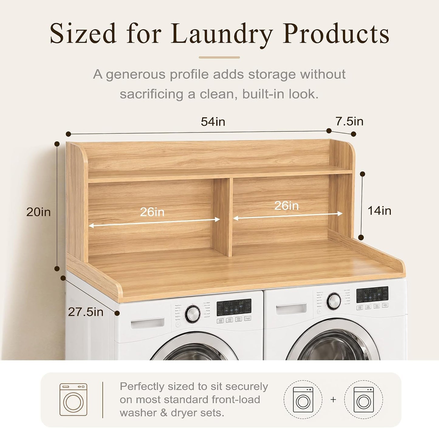 Royxen Laundry Countertop with 20" Shelf Universal Fit, Washer and Dryer Countertop with Storage Space, Laundry Room Storage (Walnut)