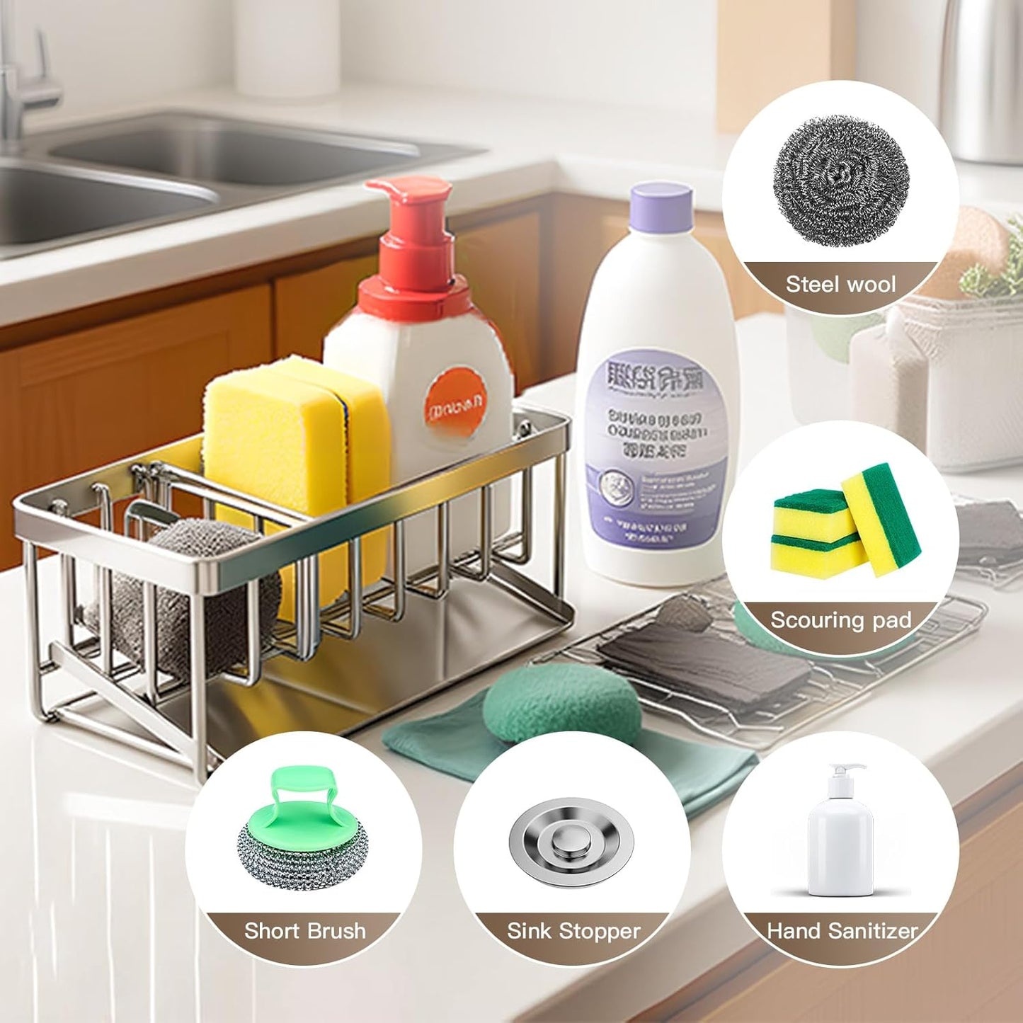 Kitchen Sink Sponge Holder, 304 Stainless Steel Soap Dispenser Caddy Organize, Kitchen Sink Brush Caddy Holder with Removable Drain Tray