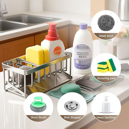 Kitchen Sink Sponge Holder, 304 Stainless Steel Soap Dispenser Caddy Organize, Kitchen Sink Brush Caddy Holder with Removable Drain Tray
