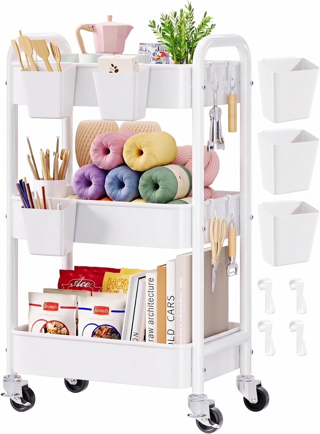 2 Tier Small Rolling Cart Metal with Wheels, White Under Desk Storage Cart on Wheels, Short Utility Roller Caddy Carts Organizer for Art,Craft,Pantry,Bathroom, Two Tiered Shelf Trolley,22 Inches Tall