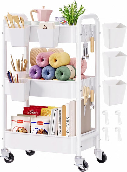 2 Tier Small Rolling Cart Metal with Wheels, White Under Desk Storage Cart on Wheels, Short Utility Roller Caddy Carts Organizer for Art,Craft,Pantry,Bathroom, Two Tiered Shelf Trolley,22 Inches Tall