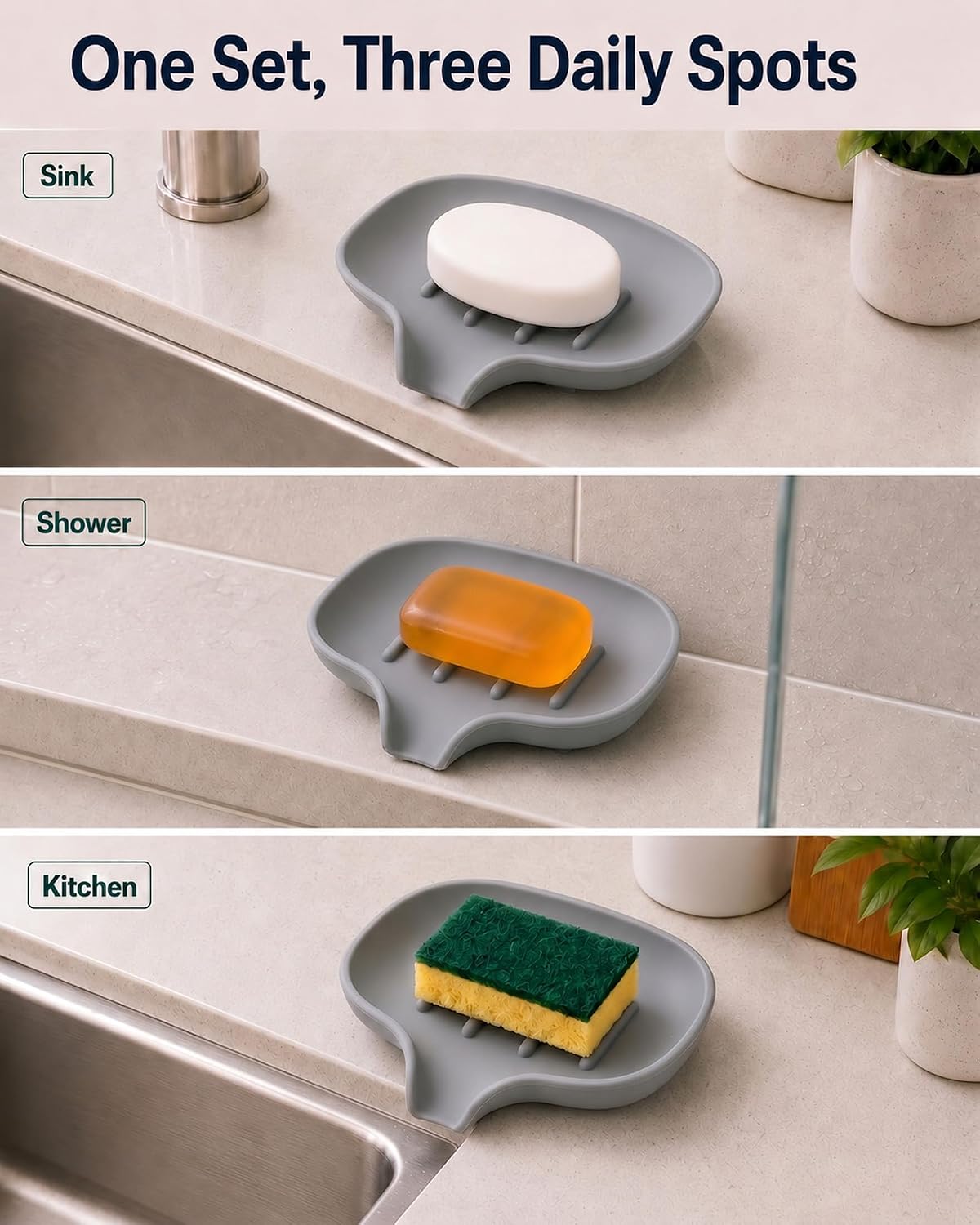3 Pack Silicone Soap Dish with Drain, Bar Soap Holder for Shower/Bathroom, Self Draining Waterfall Soap Tray/Saver for Kitchen, Keep Soap Dry, Easy to Clean