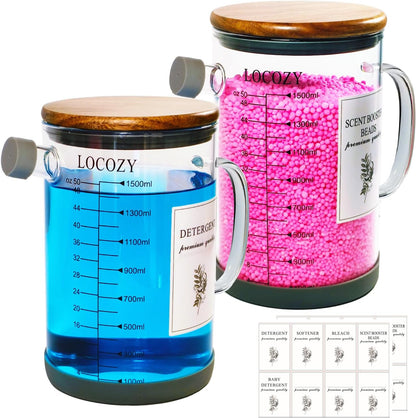 2-Pack 50oz Glass Laundry Detergent Dispenser with Acacia Wood Lid - Airtight Design, Dual oz/ml Scales | Laundry Room Organization & Storage for Fabric Softener, Beads, Powder, Bleach