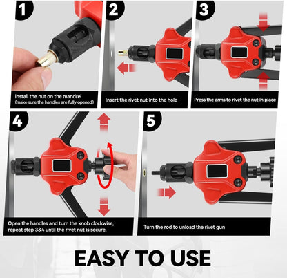 Auto Dynasty 21" Hand Riveter Rivet Nut Tool Set with 5 Guide Nozzle Silver Repair Hand Tool Kit Set for Home Household Office Warehouse