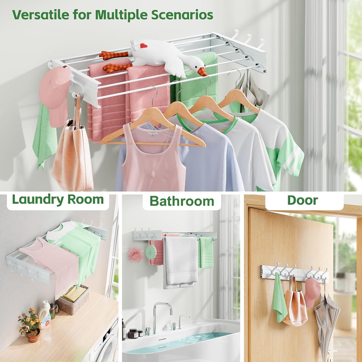 Foldable Wall Mounted Space-Saving Drying Rack, 23.5 In Rustproof Stainless Steel Laundry Hanger with 50 Lbs Heavy Duty Reinforced Rods for Wet Towels & Heavy Clothes, Fits Apartment Bathroom RV,White