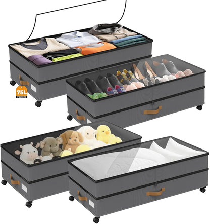 Under Bed Storage with Wheels 2-Pack, 75L XXL Under the Bed Storage Containers Large, 12" Tall Adjustable Storage for Underbed with Lids, Rolling for Shoes, Clothes, Blankets (Grey)