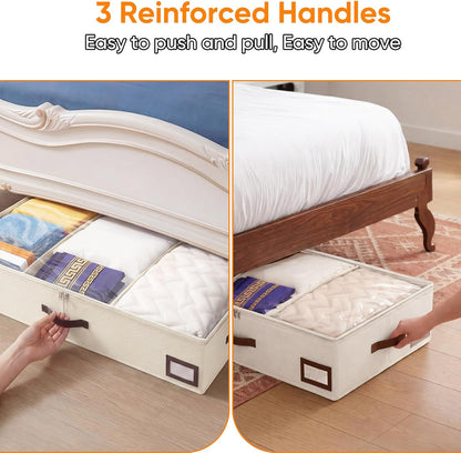 OIAHOMY 2 Pack 53L Under Bed Storage with Adjustable Dividers, 6" Low Profile Underbed Storage Bins for Comforters & Clothes, Save Closet Space with Clear View Lid & Reinforced Handles, Grey
