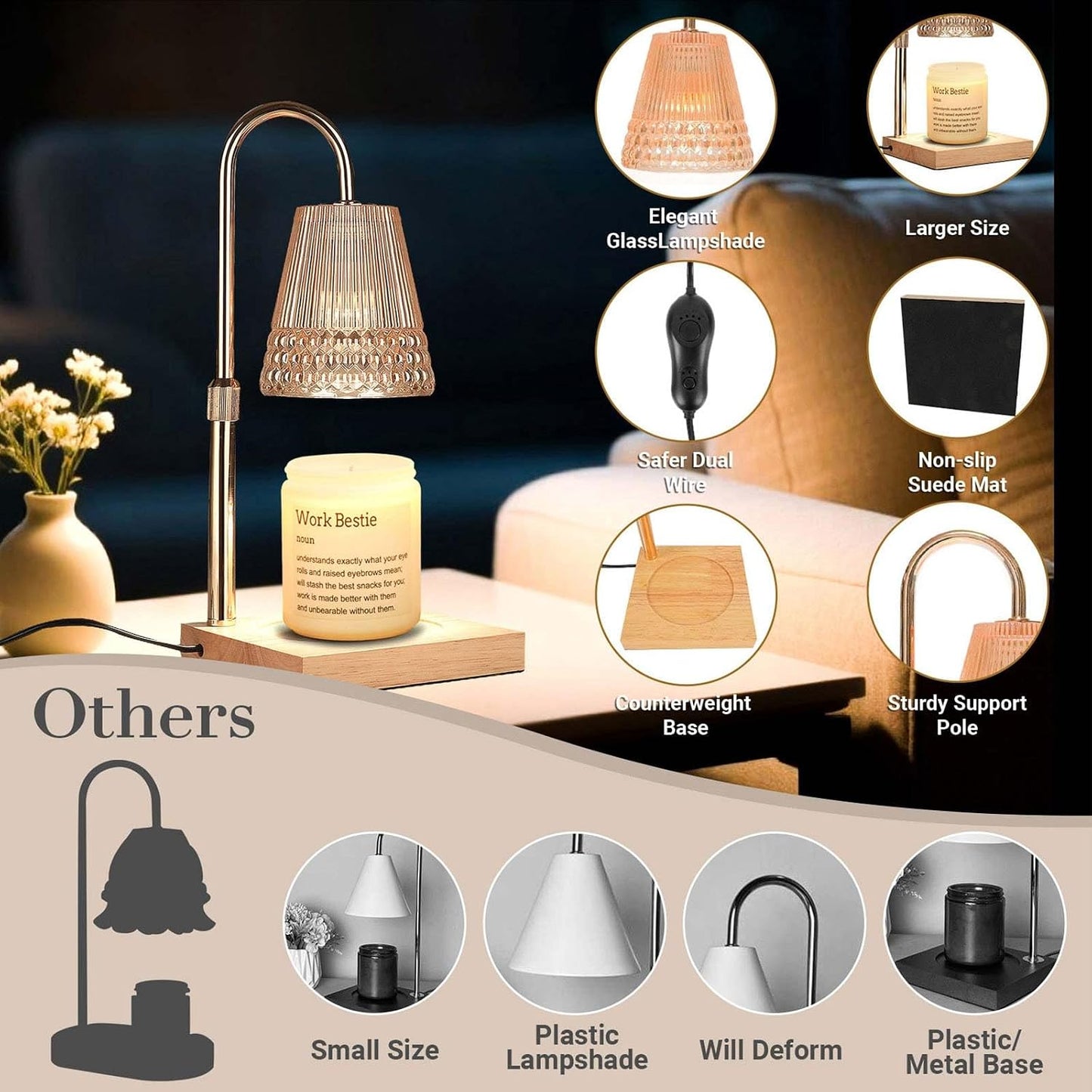 Candle Warmer Lamp, Adjustable Height & Dimmable, Candles with Timer, 2H/4H/8H Auto Off, Safe Flameless Night Light for Home Decor, Bedroom, Office, Christmas Birthday Gift for Women & Men