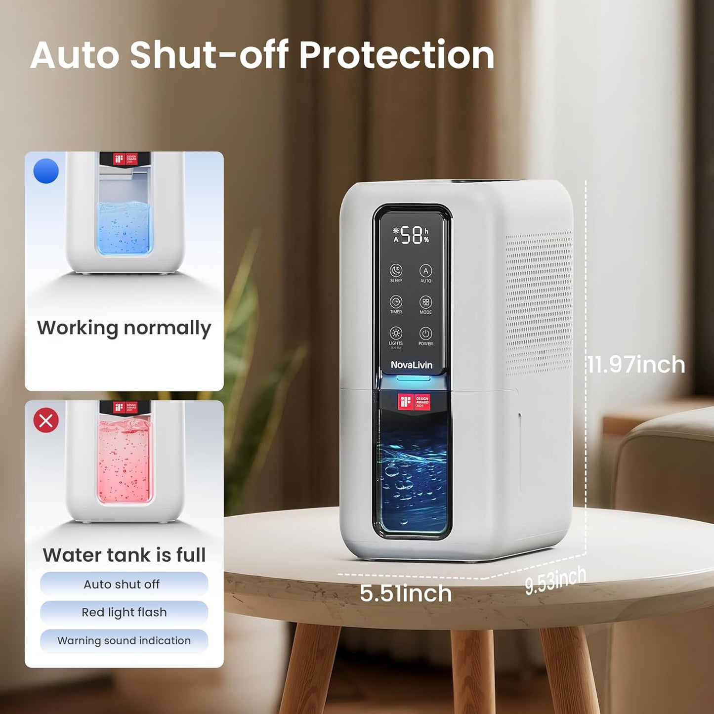 Dehumidifier for Home, Dehumidifiers for Bathroom, Bedroom, Living room, Closet with 68 OZ Water Tank, Moisture Absorbers, Auto Shut Off, Auto Humidity Control, 7 Colors LED Light, Black and White