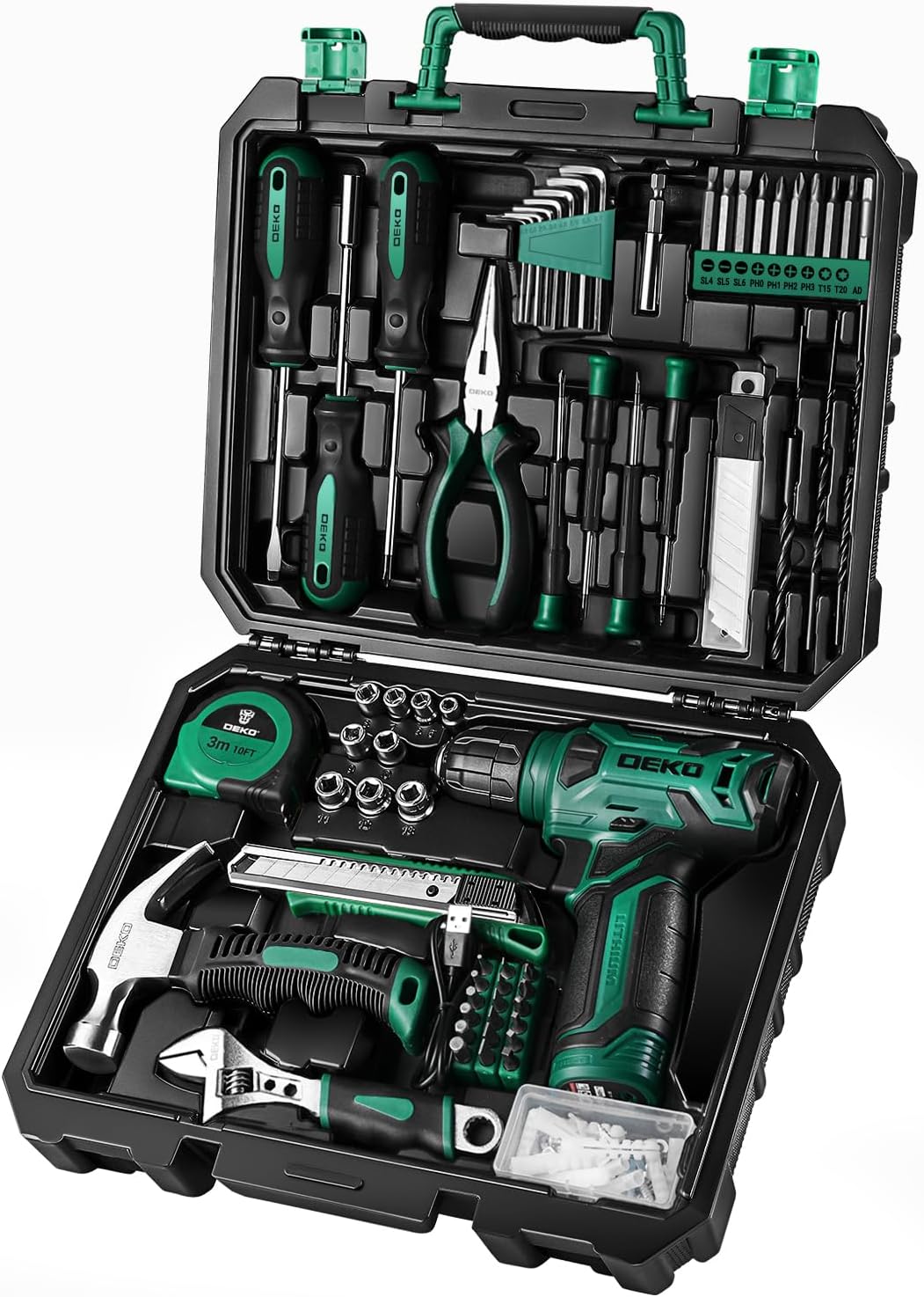 DEKOPRO Tool Set：Tool Kit with 8V Cordless Drill,Tool Box with Drill,Hand Drill Set for Men & Women,Home Tool Kits for House Repair,Handyman,DIY 126 Piece
