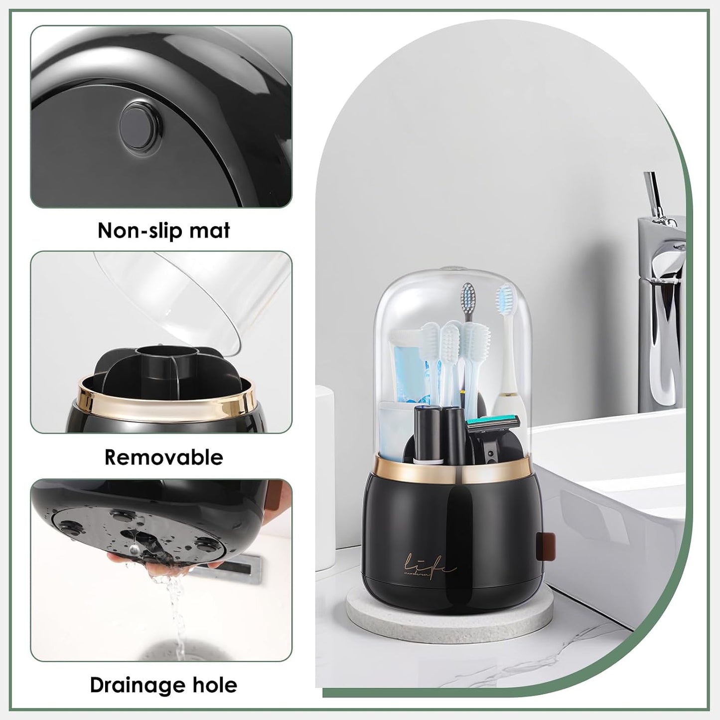 Toothbrush Holders for Bathrooms,Rotating 5-Slot with Cover and Draining Water,Kids Electric Toothbrush Holder and Toothpaste Stand Storage for Bathroom Accessories Counter Organizer Vanity