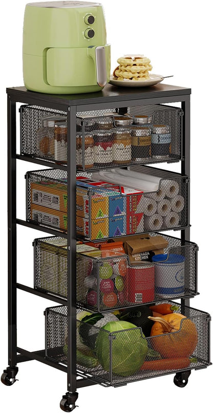 4 Tier Kitchen Rolling Cart, Kitchen Storage Cart with Wheels, Adjust Pantry Organizer and Storage Cart with Drawer, Fruit Vegetable Spice Storage Cart, Wooden Top Metal Kitchen Organizer Rack Stand