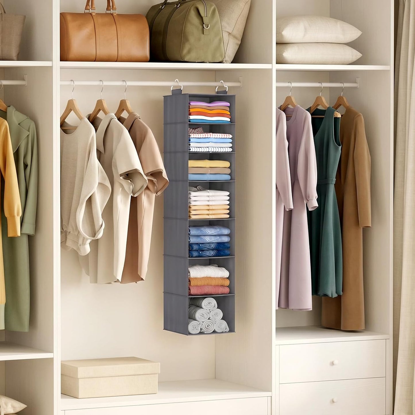 Lifewit 5 Tier Hanging Closet Organizer and Storage for Shelves, Foldable Clothes Shelf with 2 Sturdy Hooks, Sweater/Coat/Shoes Clothing Organization for Wardrobe, Dorm, Bedroom, Gray