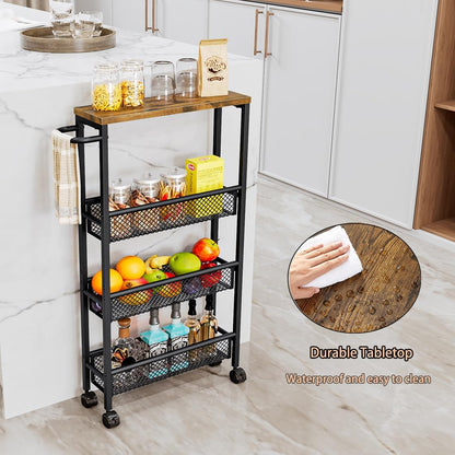 AZERPIAN Slim Rolling Cart 4 Tier Narrow Storage Cart on Wheels with MDF Board Top and Metal Handle for Small Space Kitchen Living Room Home Office Pantry Bathroom Laundry Room(16.54×5.12×30.31 inch)