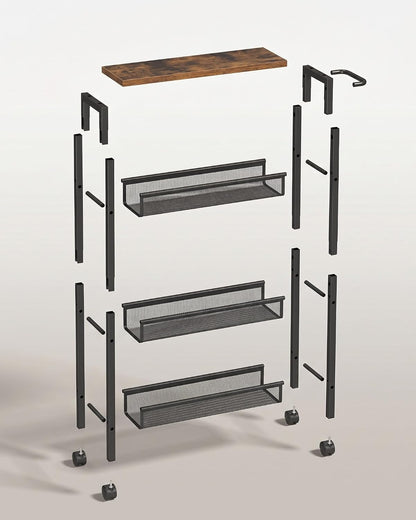 SONGMICS HOME Slim Rolling Cart, 4-Tier Storage Cart with Wheels and Handle, Narrow Utility Cart for Kitchen, Living Room, Brown and Black