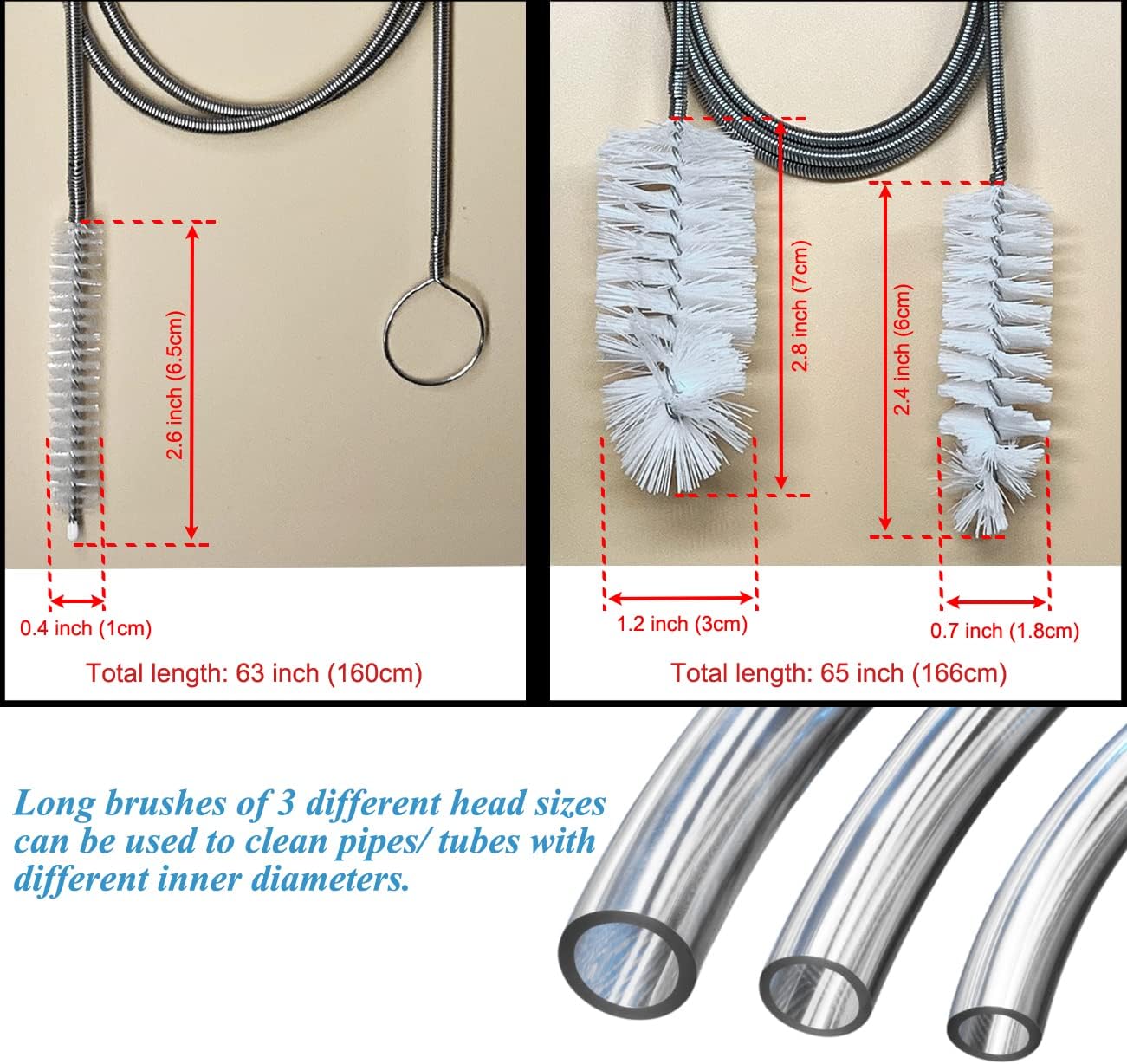 65" Flexible Drain Brush, Tube Pipe Cleaning Brush, Long Slim Cleaner Brush for Shower Sink Drain/Refrigerator Drain Hole/Dishwasher Air Gap/Fish Tank/Home Kitchen