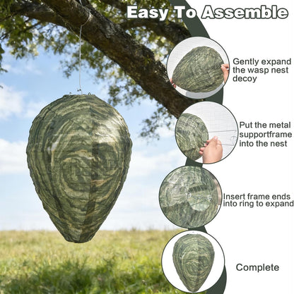 Fake Wasp Nest 4 Pack, Upgraded Waterproof Wasp Nest Decoy Outdoor Hanging, Realistic Artificial Hornet Nests with Stainless Steel Frame for Patio, Porch, Garden, Backyard, Under Eaves