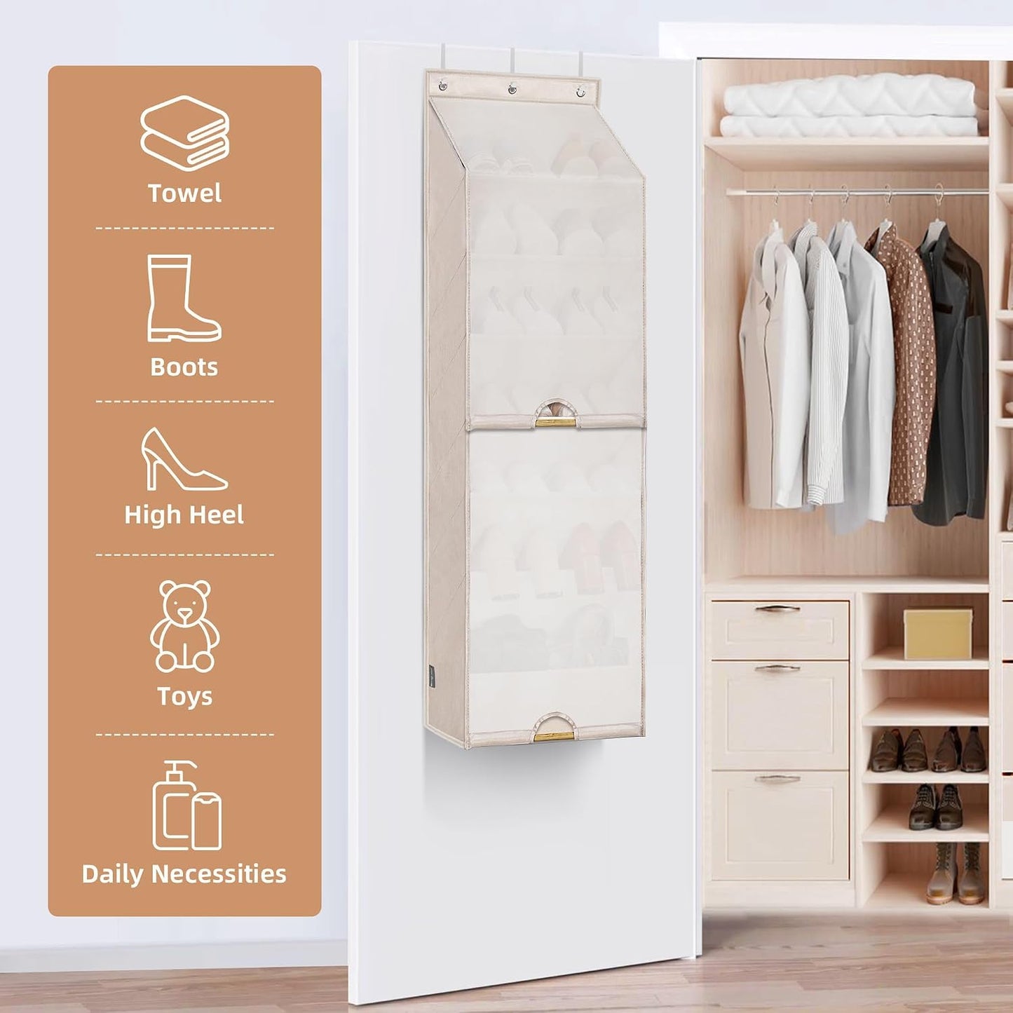 STORAGE MANIAC Over the Door Shoe Organizer with Curtain Dustproof Heavy-Duty Large Deep Pocket Hanging Shoe Organizer for Closet Dorm & Narrow Door Storage Shoe Holder Shoe Rack, 9-Shelf Beige 1 Pack