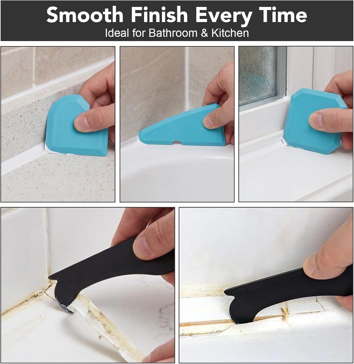 Silicone Caulking Tools with Razor Blade Scraper - 5-in-1 Caulk Removal Kit Plastic Razor Blades for Tile Grout Removal Repair Wall Floor Edge Finishing Window Sink Joint Frame Seal