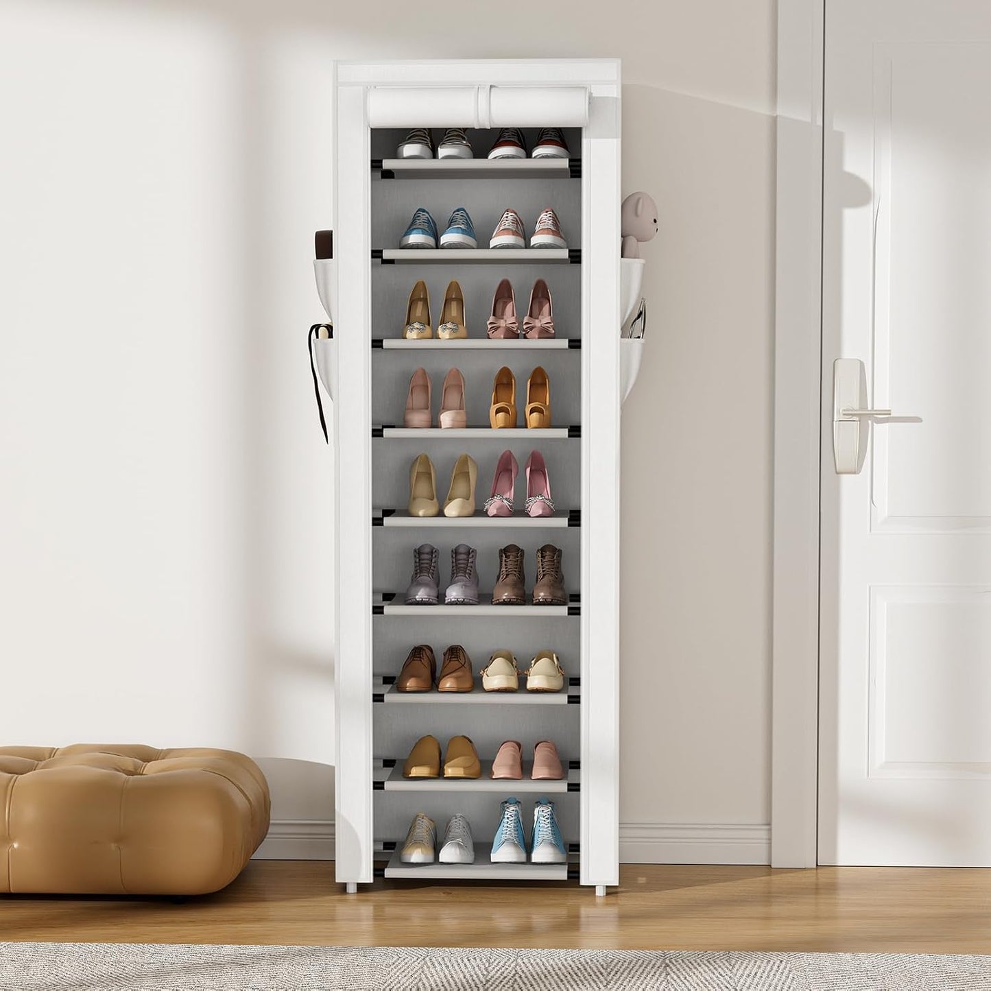 VILICK Shoe Rack with Cover Narrow Shoe Organizer with 4 Side Pockets 10 Tier Tall Shoe Storage Holds 18-22 Pairs Shoes and Boots Shoe Rack for Closet Entryway Garage