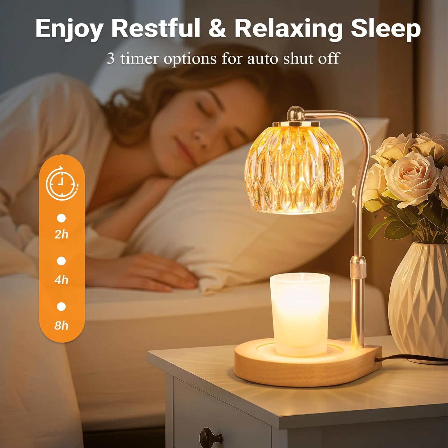 Candle Warmer Lamp with Timer Dimmer, Adjustable Height Candle Lamp Warmer for Jar Candles, Flower Glass Wax Melt Warmer with 2 Bulbs, Flameless Home Decor Gifts for Women Mom, Housewarming