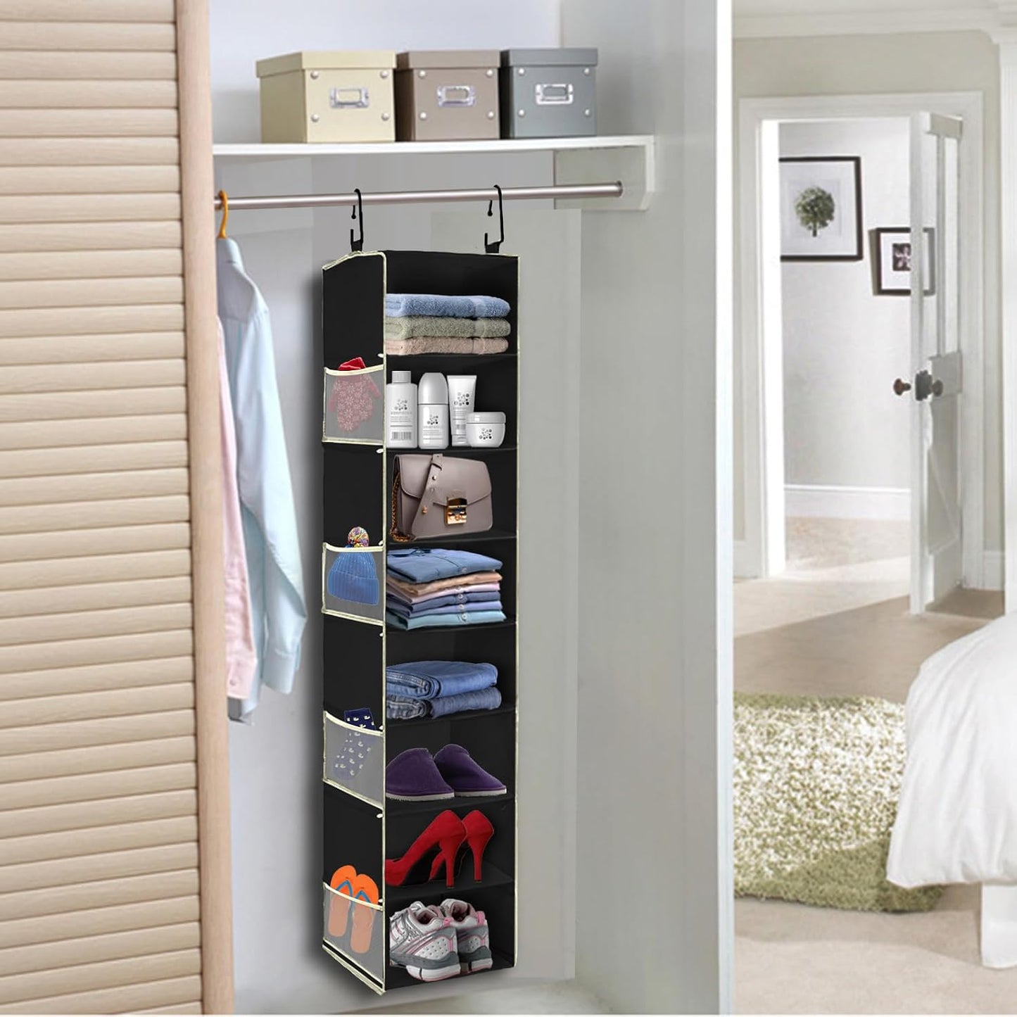 Large-Sized Hanging Shoe Organizer 8-Shelf, Hanging Closet Organizer with 8 Side Pockets, Wider Hanging Shelves for Storage Shoes Clothes 9" W × 11.8" D× 48" H, Grey