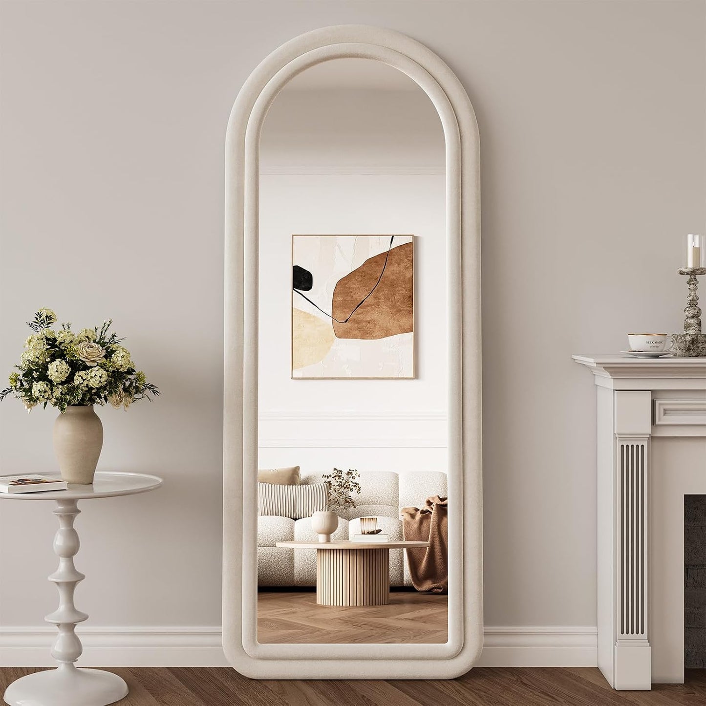 71"x32" Flannel Full Length Mirror, Arched Mirrors Full Length with Stand, Flannel Floor Mirror for Bedroom and Living Room, Full Body Mirror Hanging or Leaning, White