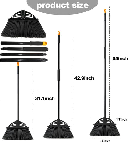 Heavy Duty Broom - 55 Inch Adjustable Long Handle Broom with EVA Soft Grip (Black)
