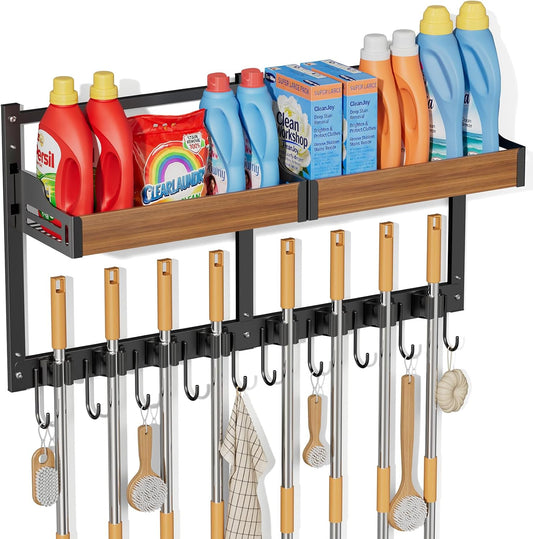 Broom and Mop Organizer Wall Hanging, Broom Holder Wall Mount with Cleaning Supplies Organizer, Broom Hanger Wall Mount with Storage Shelf and Hooks for Laundry Room Garage Kitchen