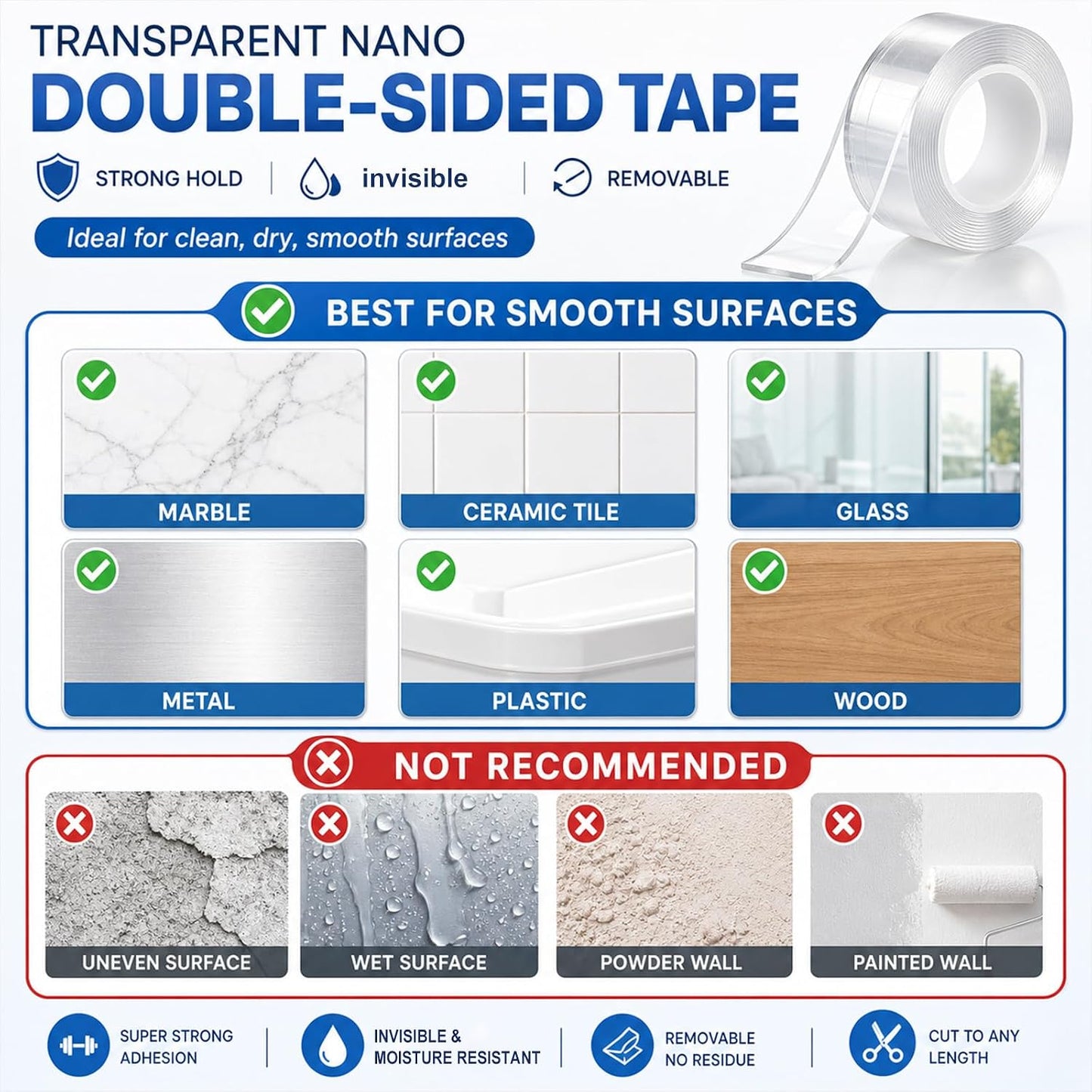 Double Sided Nano Tape, Clear, Removable, No Residue, Reusable, 300cm/9.85 Ft Roll, for Wall Hanging, Posters, Carpet, Home Decoration 4pack