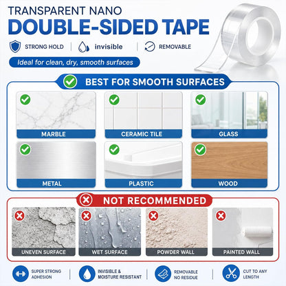 Double Sided Nano Tape, Clear, Removable, No Residue, Reusable, 300cm/9.85 Ft Roll, for Wall Hanging, Posters, Carpet, Home Decoration 4pack