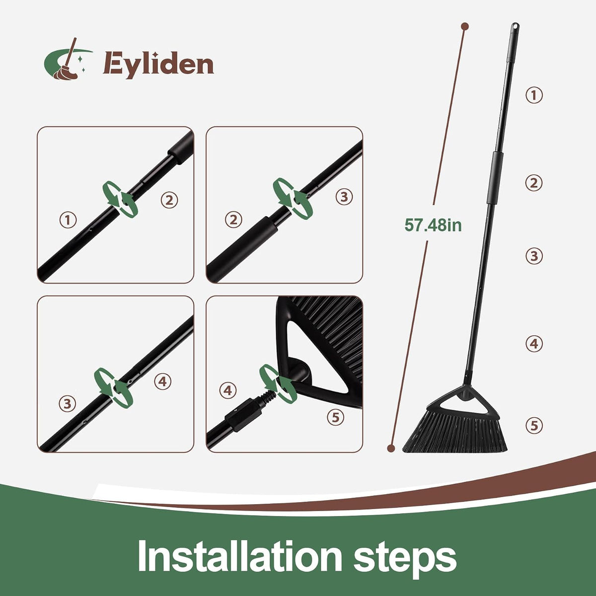 Eyliden Angle Broom with 57" Long Handle, Outdoor Indoor, Green | Heavy-Duty Cleaning, Also Works Well Fine Dust - PET Bristles, Commercial Sweeper for Courtyard Sidewalk Deck Kitchen Lobby