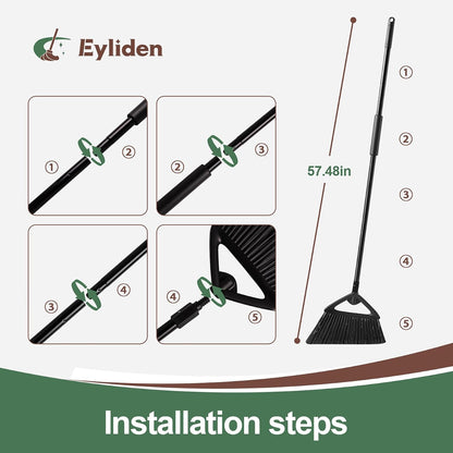 Eyliden Angle Broom with 57" Long Handle, Outdoor Indoor, Green | Heavy-Duty Cleaning, Also Works Well Fine Dust - PET Bristles, Commercial Sweeper for Courtyard Sidewalk Deck Kitchen Lobby