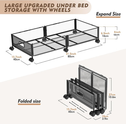 47.2'' Long Under Bed Storage on Wheels, 57.6L Large Capacity Rolling Under the Bed Storage Containers, Tool-Free Assembly Foldable Underbed Shoes Clothes Toy Drawers