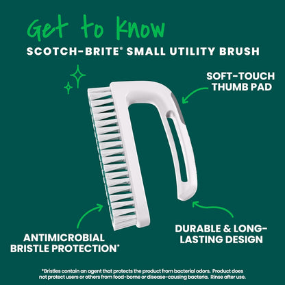 Scotch-Brite Small Utility Brush, Long Lasting Dish Brush with Handle for Scrubbing Cookware, Hands, Tile, Grout, Cutting Boards, and Utensils without Scratching, Antimicrobial, and Rinses Clean