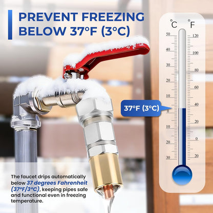 Outdoor Faucet & Spigot Freeze Protection – Heavy Duty Brass Freeze Proof Valve, Activates at Water Temperature Below 37°F/3°C, Durable Winter Cover Alternative – Quick Install, Saves Water – 1 Pack