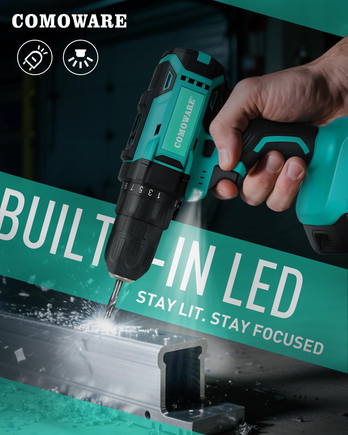 COMOWARE Household Tool Set with 20V Cordless Drill Driver, 120Pcs Hand Tool Kit for Men, Power Drill Set with Plastic Toolbox, Ideal for Office, Garden, DIY Project