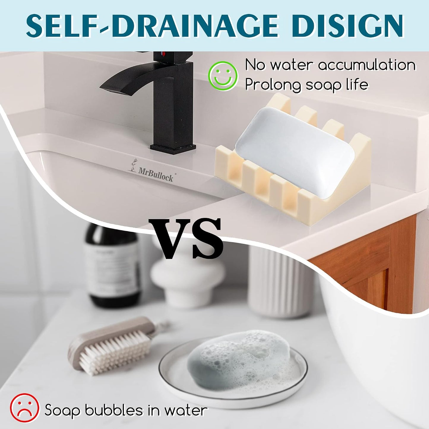 Self Draining Silicone Soap Dish with Suction Cups - Non-Slip Bar Soap Holder for Shower & Kitchen, Waterfall Tray Keeps Soap Dry, Easy Clean, Extends Soap Life (White, 1)