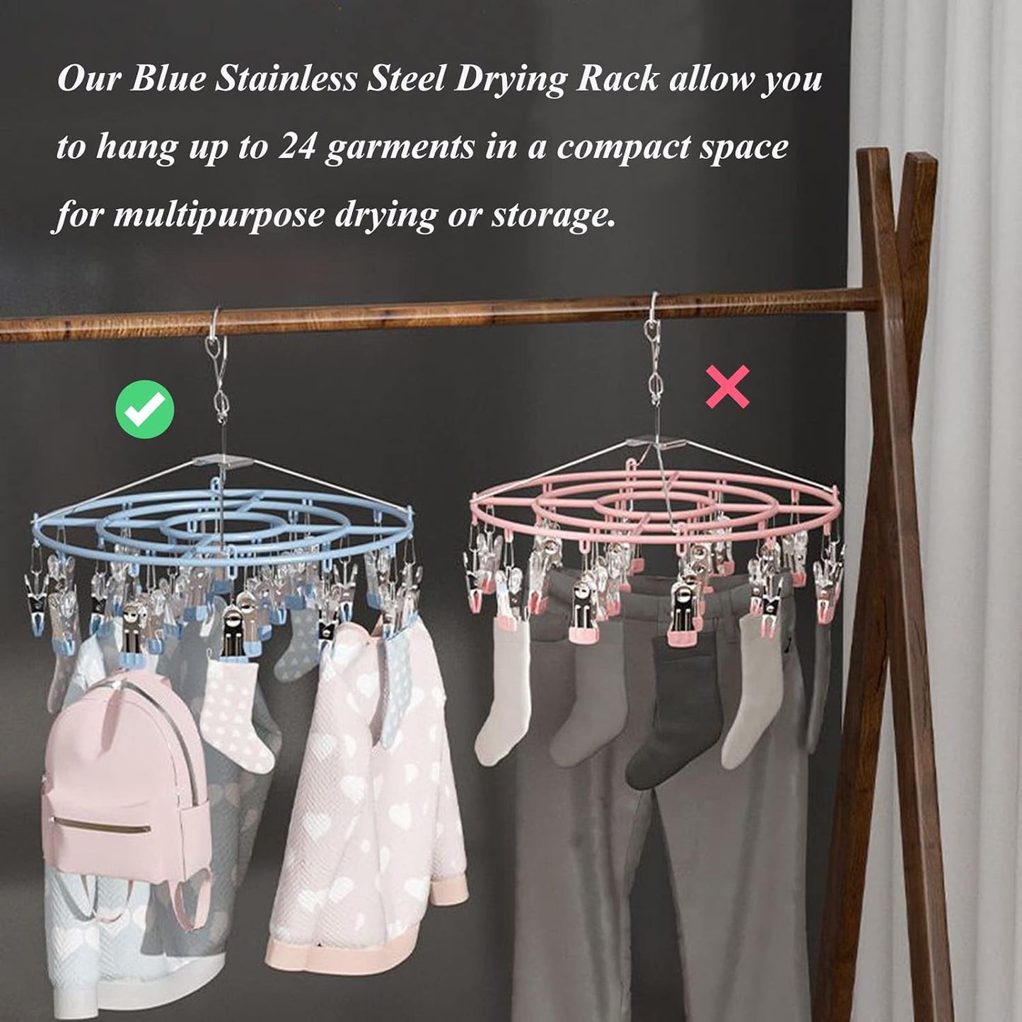 Stainless Steel Clothes Sock Drying Rack with 24 Clips, Swivel Hook Windproof Clothes Hanger Rack for Sock, Bras, Towel, Underwear, Laundry Clothes, Hat, Scarf, Pants, Gloves (Pink Clips)
