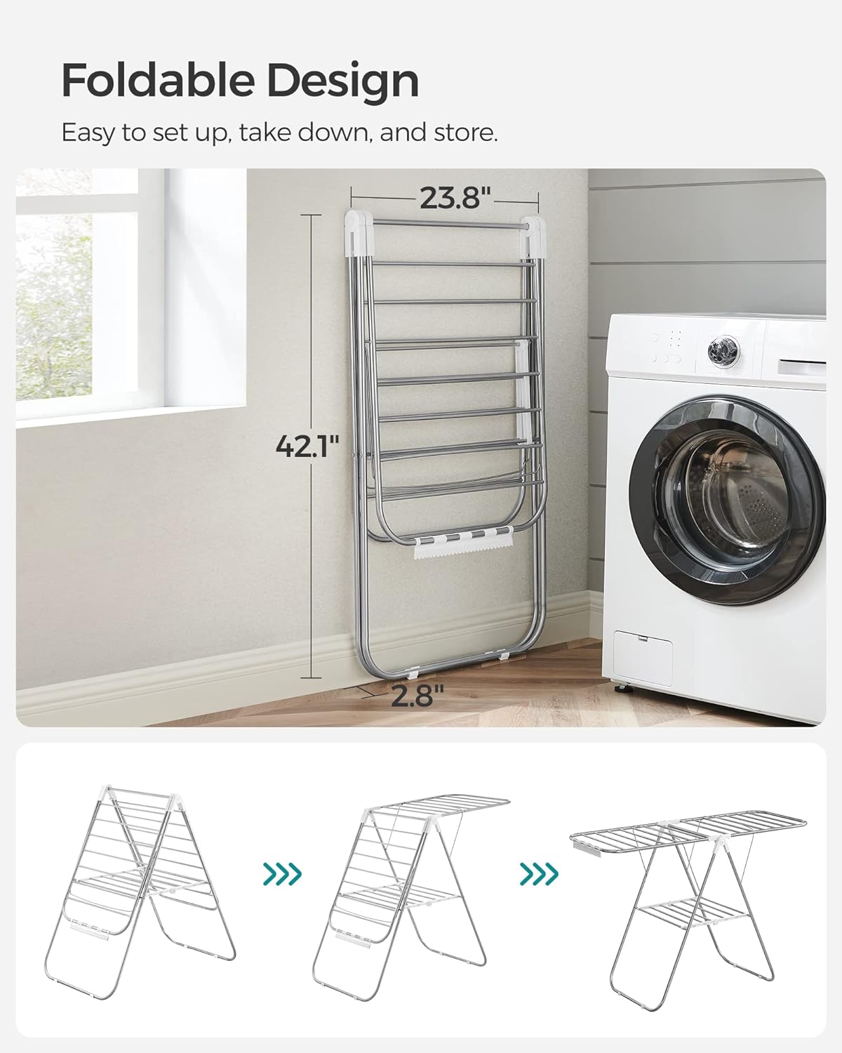 SONGMICS Clothes Drying Rack, with Sock Clips, Metal Laundry Rack, Foldable, Space-Saving, Free-Standing Airer, with 2 Height-Adjustable Gullwings, Indoor Outdoor Use, Gray ULLR052G01