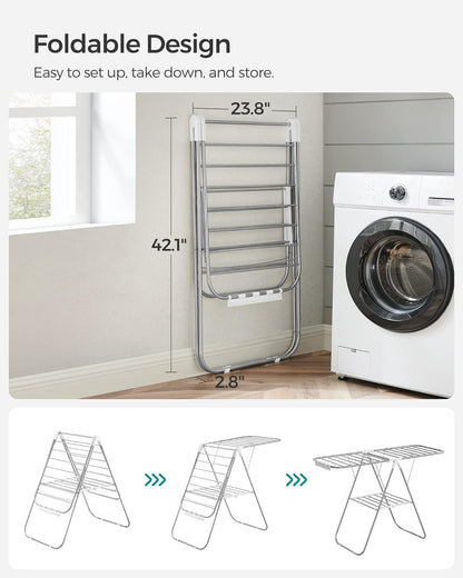 SONGMICS Clothes Drying Rack, with Sock Clips, Metal Laundry Rack, Foldable, Space-Saving, Free-Standing Airer, with 2 Height-Adjustable Gullwings, Indoor Outdoor Use, Gray ULLR052G01