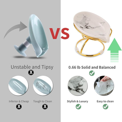 Dobbyby Leaf-Shaped Soap Dish – Premium Ceramic Soap Bar Holder with Self-Drainage System – Bar Soap Holder for Shower, Bathroom Sink, Kitchen – Waterfall Soap Dish with Stainless Steel Stand (SLIVER)